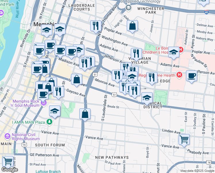 map of restaurants, bars, coffee shops, grocery stores, and more near 450 Union Avenue in Memphis