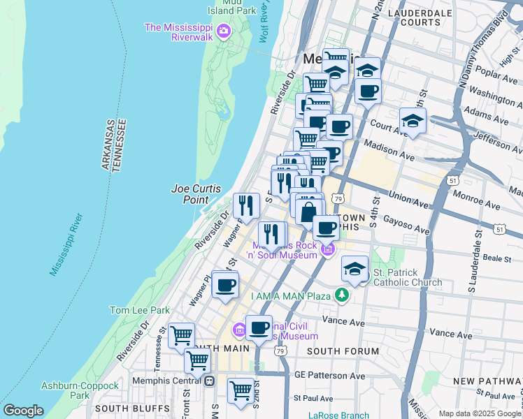 map of restaurants, bars, coffee shops, grocery stores, and more near 51 Peabody Place in Memphis
