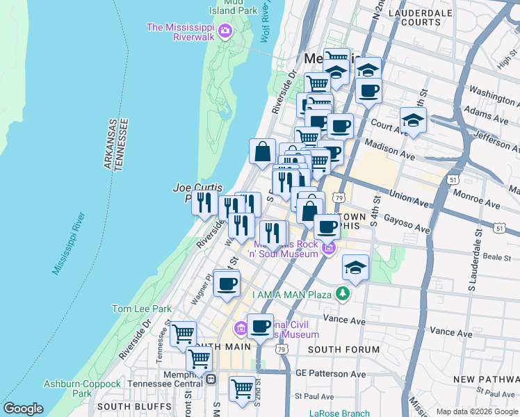map of restaurants, bars, coffee shops, grocery stores, and more near 27 Beale Street in Memphis