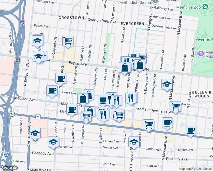 map of restaurants, bars, coffee shops, grocery stores, and more near 80 Clark Place in Memphis