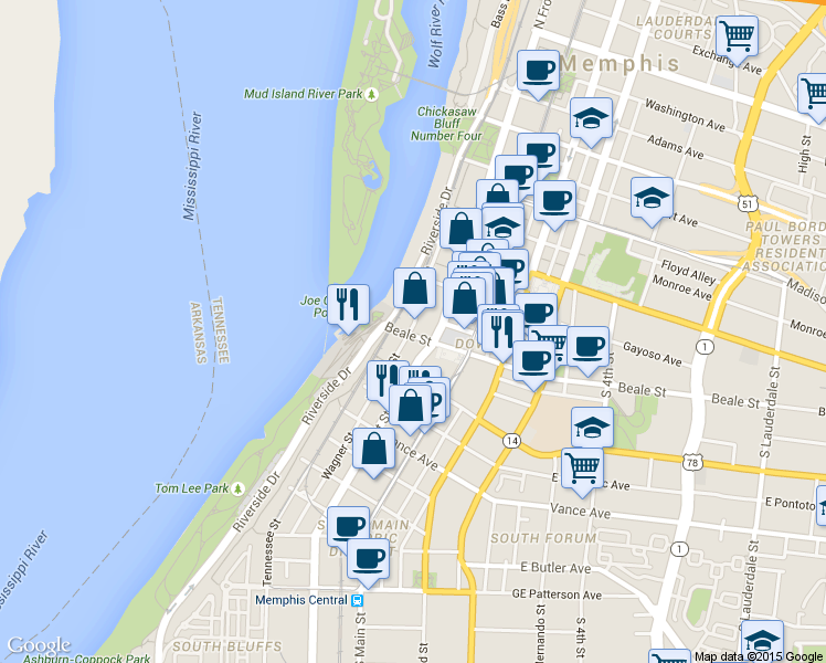 map of restaurants, bars, coffee shops, grocery stores, and more near 27 Beale Street in Memphis