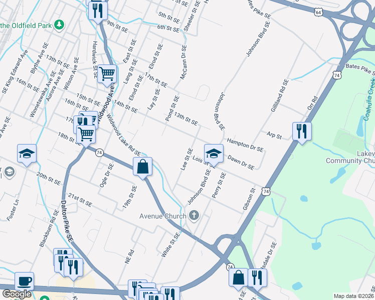 map of restaurants, bars, coffee shops, grocery stores, and more near 1615 Lois Street Southeast in Cleveland