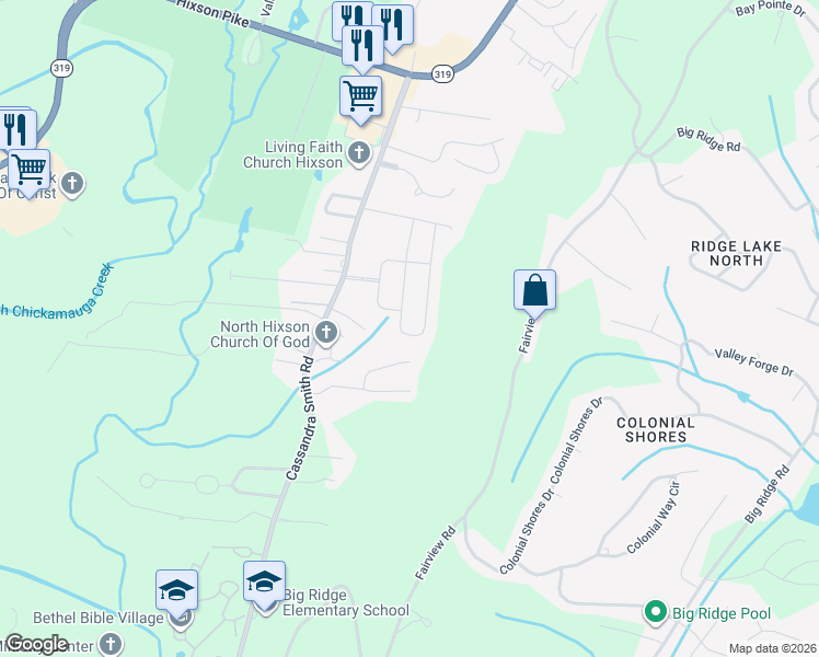 map of restaurants, bars, coffee shops, grocery stores, and more near 5499 Bungalow Circle in Chattanooga