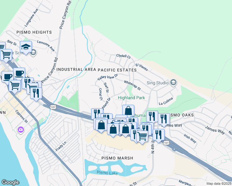 map of restaurants, bars, coffee shops, grocery stores, and more near 104 Wave Avenue in Pismo Beach