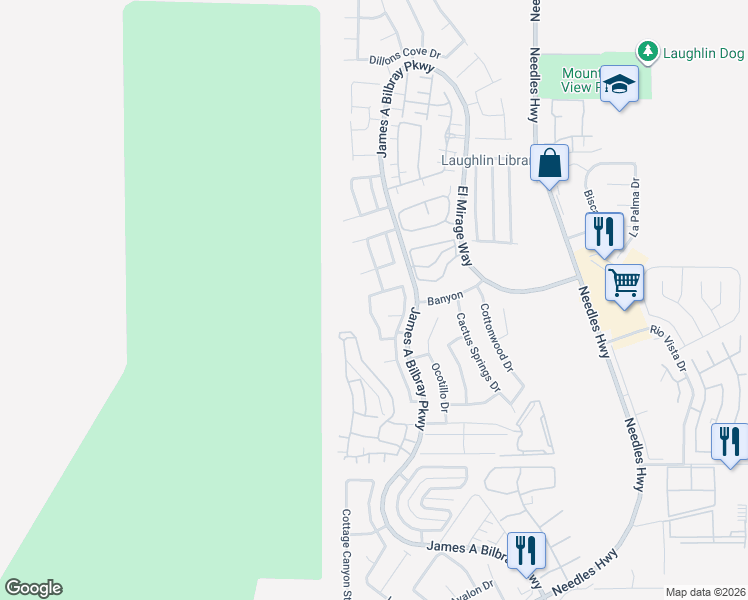 map of restaurants, bars, coffee shops, grocery stores, and more near 2285 Carved Canyon Lane in Laughlin