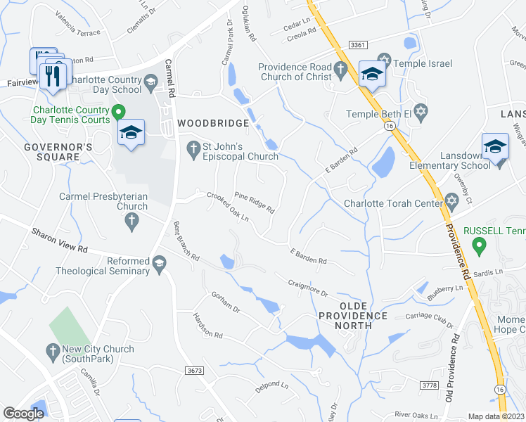 map of restaurants, bars, coffee shops, grocery stores, and more near 4920 Pine Ridge Road in Charlotte