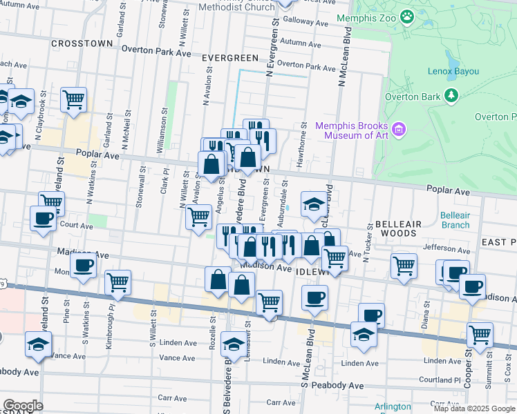 map of restaurants, bars, coffee shops, grocery stores, and more near 115 North Evergreen Street in Memphis