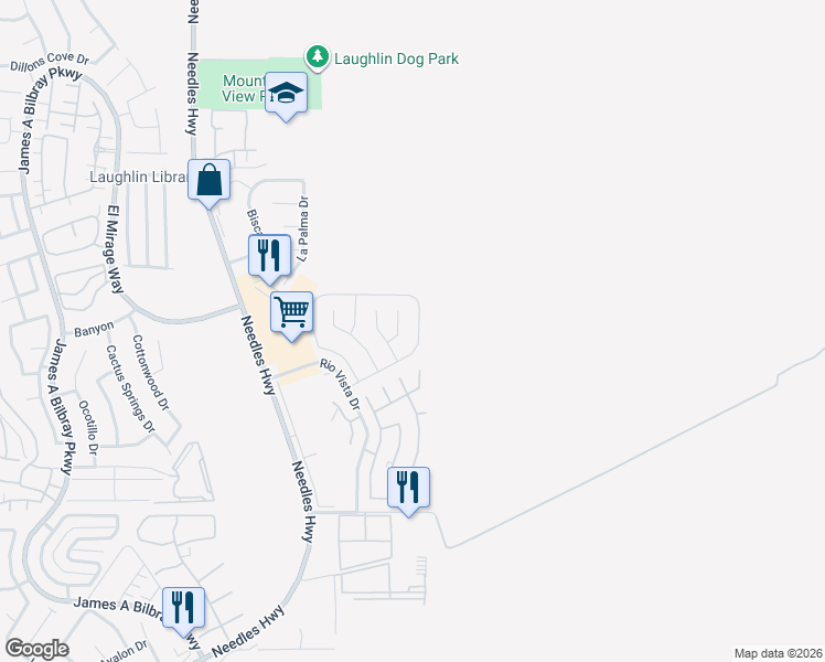 map of restaurants, bars, coffee shops, grocery stores, and more near 1596 West Paloma Avenue in Laughlin