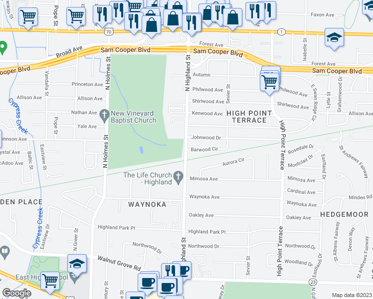 map of restaurants, bars, coffee shops, grocery stores, and more near 3386 Barwood Circle in Memphis