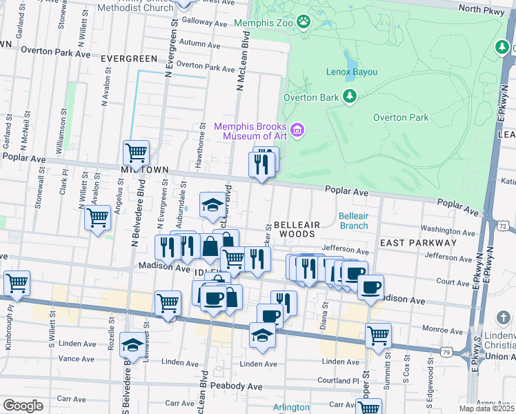 map of restaurants, bars, coffee shops, grocery stores, and more near 131 North Tucker Street in Memphis