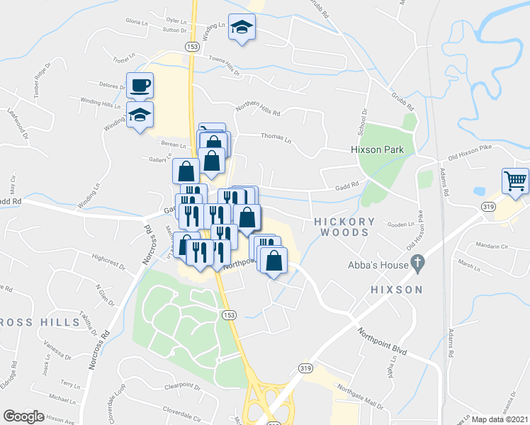 map of restaurants, bars, coffee shops, grocery stores, and more near 1220 Helena Drive in Chattanooga