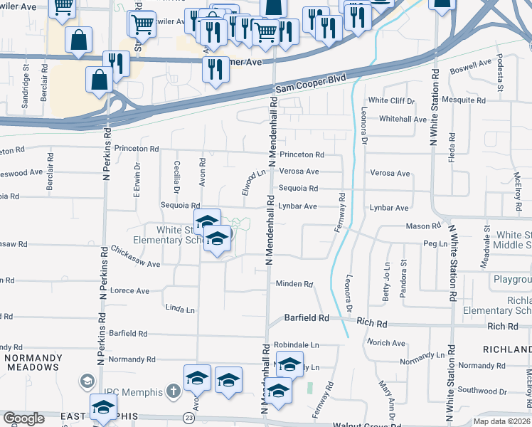 map of restaurants, bars, coffee shops, grocery stores, and more near 344 North Mendenhall Road in Memphis