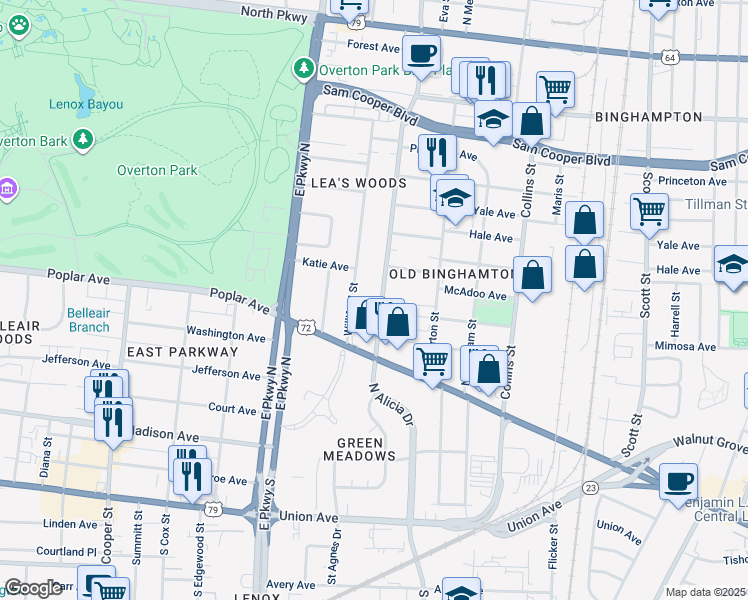 map of restaurants, bars, coffee shops, grocery stores, and more near 183 North Hollywood Street in Memphis