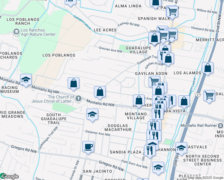 map of restaurants, bars, coffee shops, grocery stores, and more near 634 Gene Avenue Northwest in Albuquerque