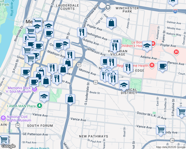 map of restaurants, bars, coffee shops, grocery stores, and more near 450 Union Avenue in Memphis