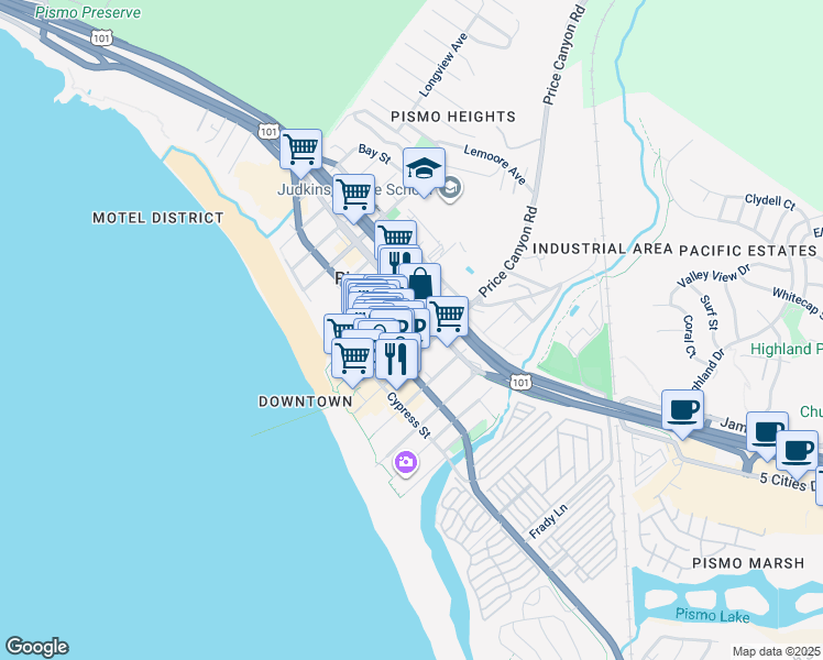 map of restaurants, bars, coffee shops, grocery stores, and more near in Pismo Beach