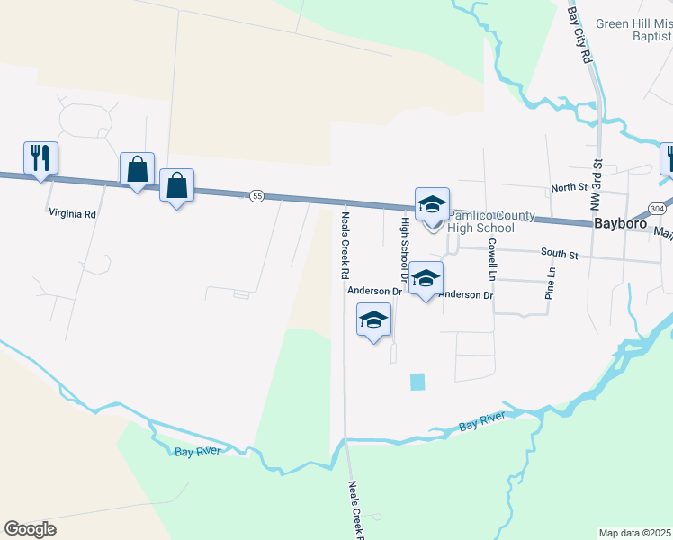 map of restaurants, bars, coffee shops, grocery stores, and more near 210 Neals Creek Road in Bayboro