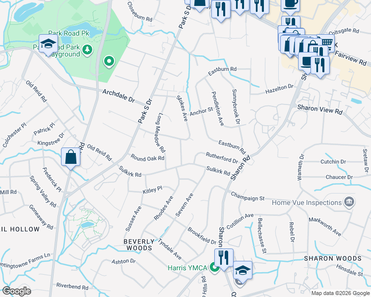 map of restaurants, bars, coffee shops, grocery stores, and more near 3621 Sulstone Lane in Charlotte