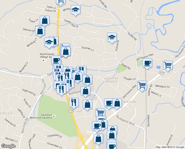 map of restaurants, bars, coffee shops, grocery stores, and more near 1236 Helena Drive in Chattanooga