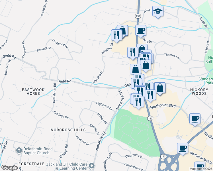 map of restaurants, bars, coffee shops, grocery stores, and more near 4707 Deanne Lane in Chattanooga