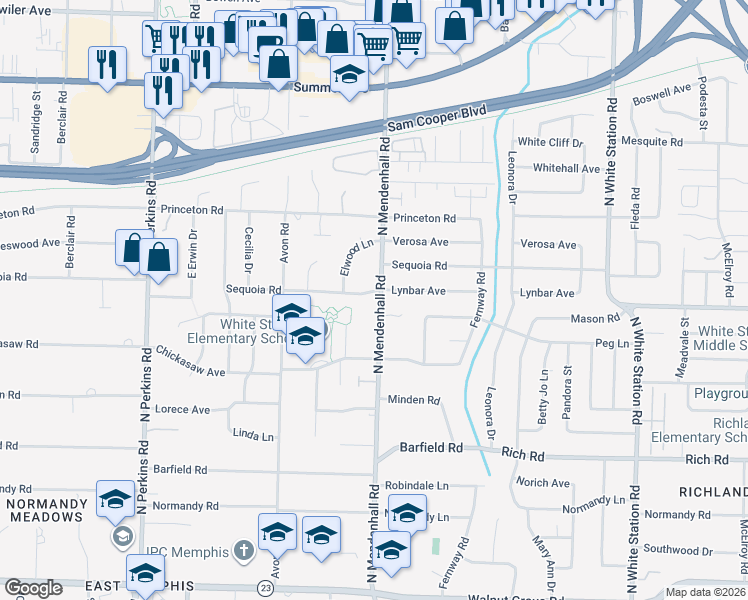 map of restaurants, bars, coffee shops, grocery stores, and more near 344 North Mendenhall Road in Memphis