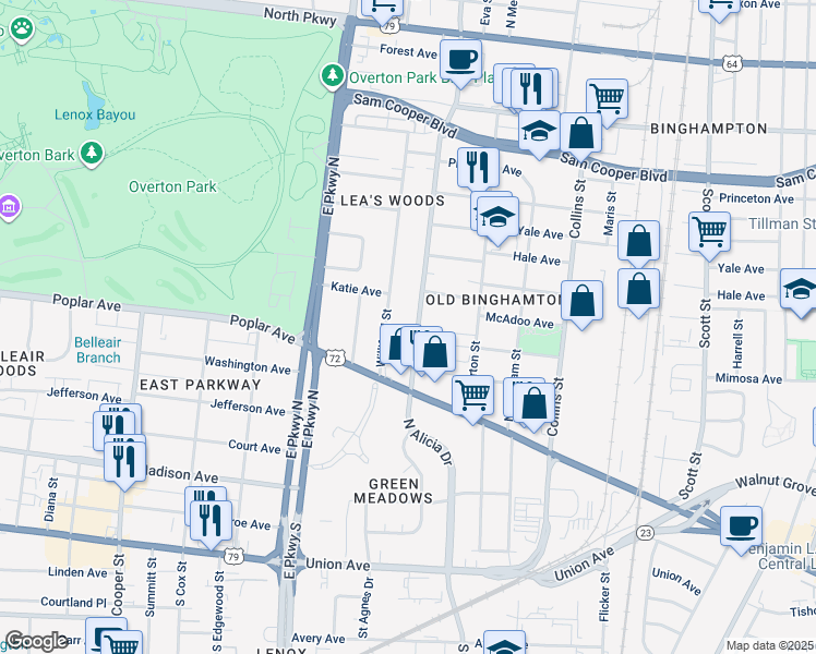 map of restaurants, bars, coffee shops, grocery stores, and more near 183 North Hollywood Street in Memphis