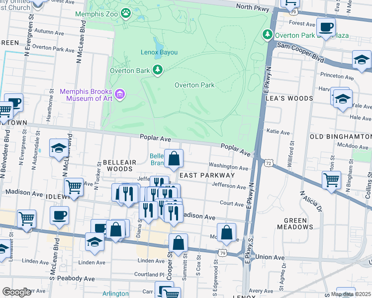 map of restaurants, bars, coffee shops, grocery stores, and more near 210 Washington Avenue in Memphis