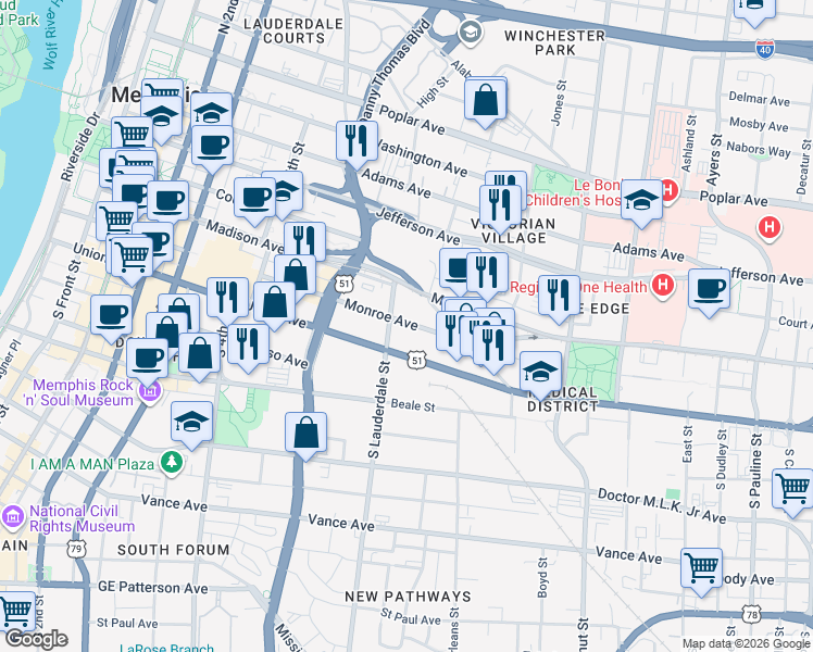 map of restaurants, bars, coffee shops, grocery stores, and more near 450 Union Avenue in Memphis