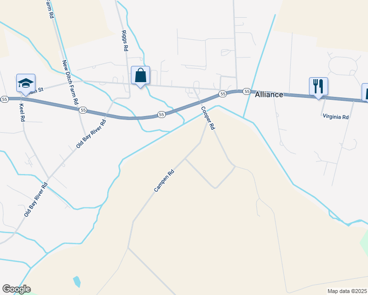map of restaurants, bars, coffee shops, grocery stores, and more near 186 Campen Road in Bayboro