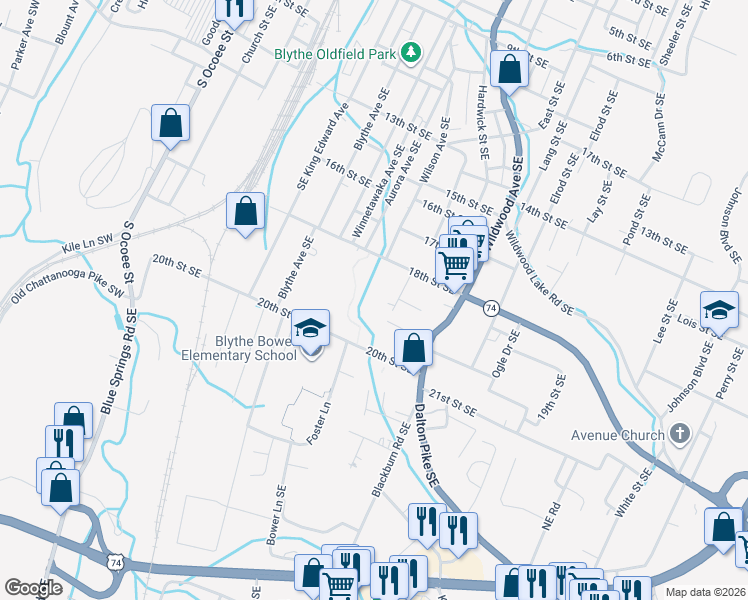 map of restaurants, bars, coffee shops, grocery stores, and more near 1855 Wilson Avenue Southeast in Cleveland