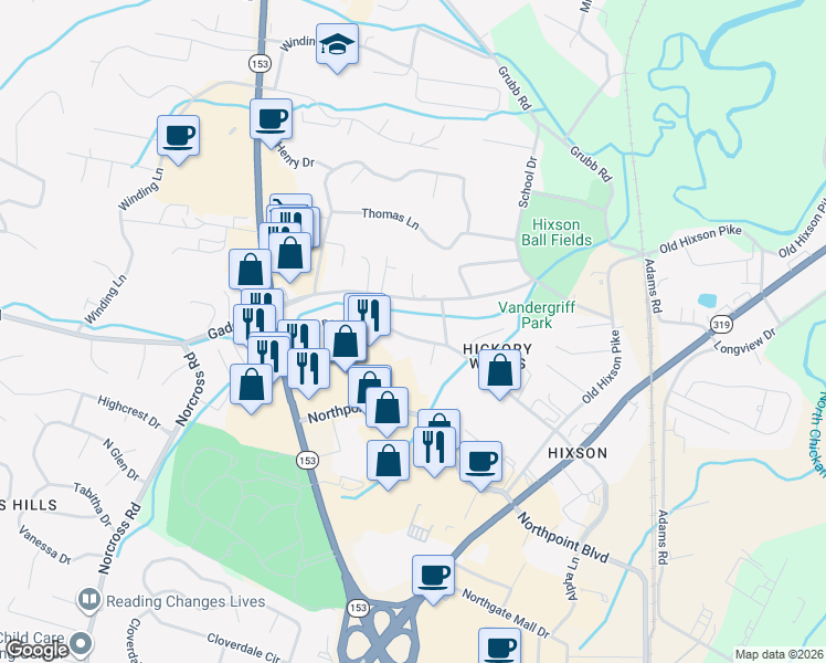 map of restaurants, bars, coffee shops, grocery stores, and more near 1231 Helena Drive in Chattanooga