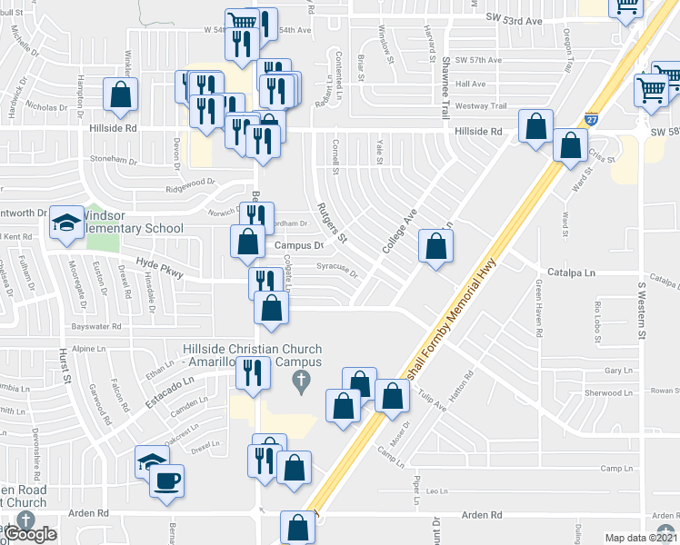 map of restaurants, bars, coffee shops, grocery stores, and more near 5713 Syracuse Drive in Amarillo