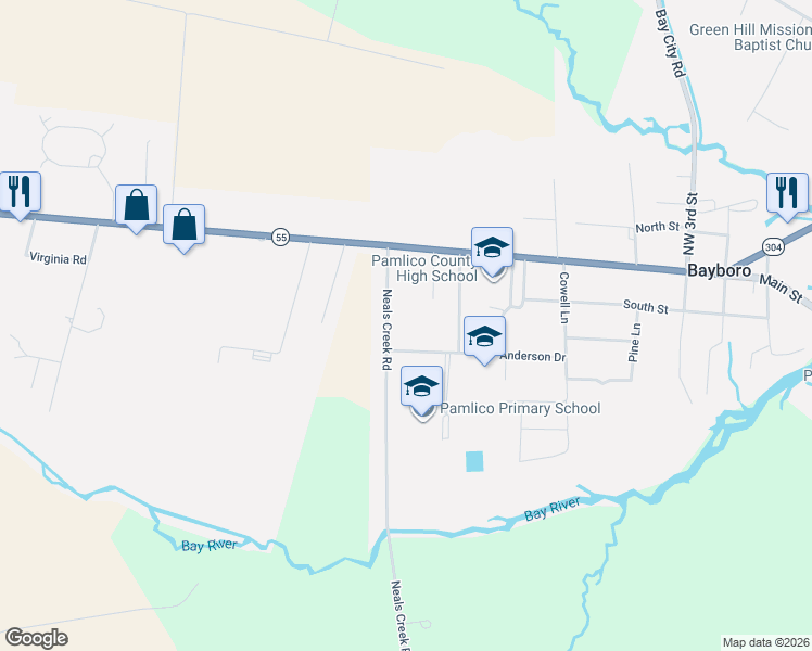 map of restaurants, bars, coffee shops, grocery stores, and more near 603 Anderson Drive in Bayboro
