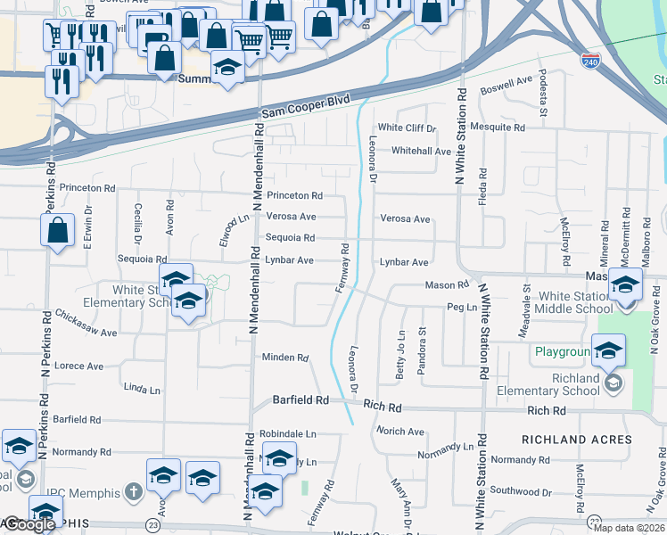 map of restaurants, bars, coffee shops, grocery stores, and more near 5012 North Peg Lane in Memphis
