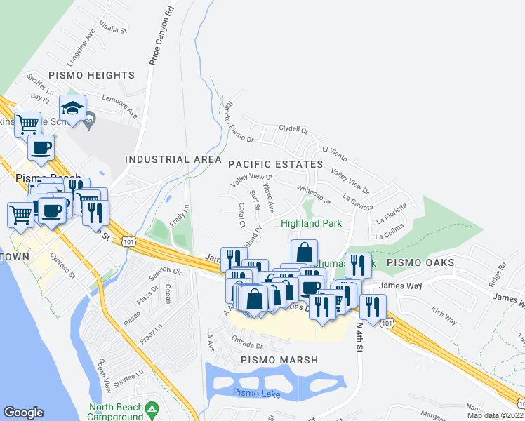 map of restaurants, bars, coffee shops, grocery stores, and more near 120 Surf Street in Pismo Beach