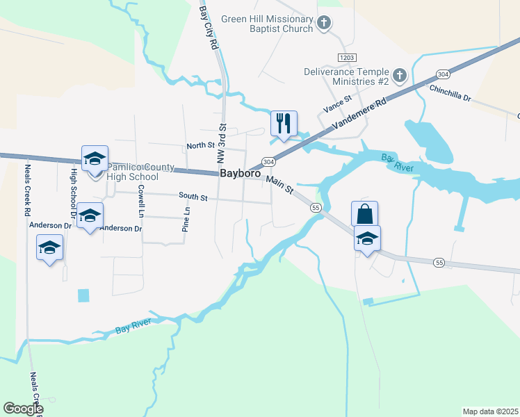 map of restaurants, bars, coffee shops, grocery stores, and more near 103 South Street in Bayboro
