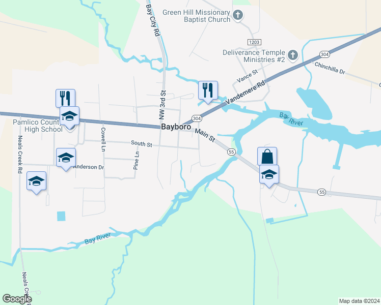 map of restaurants, bars, coffee shops, grocery stores, and more near 103 South Street in Bayboro