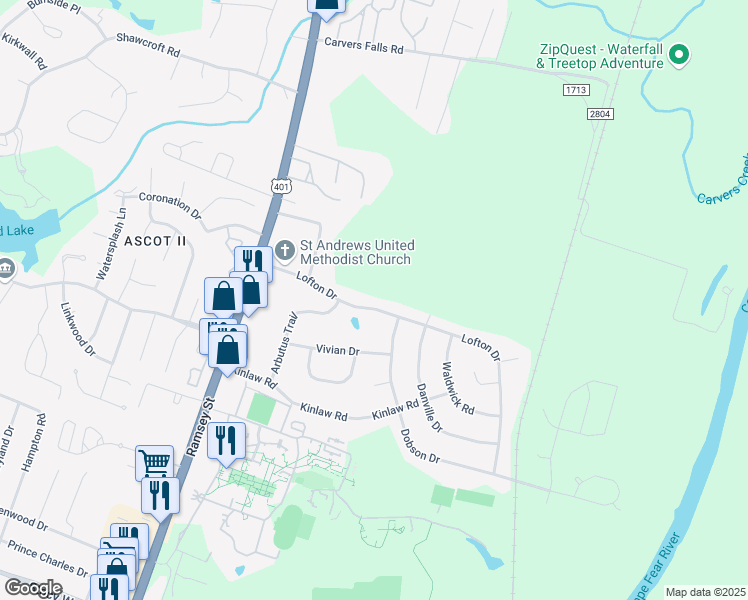 map of restaurants, bars, coffee shops, grocery stores, and more near 155 Lofton Drive in Fayetteville