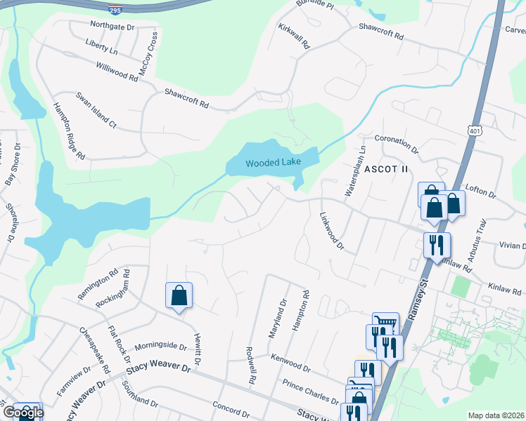 map of restaurants, bars, coffee shops, grocery stores, and more near 3227 Nottinghill Road in Fayetteville
