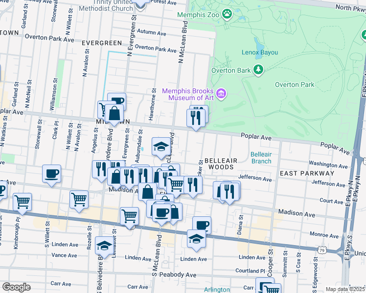 map of restaurants, bars, coffee shops, grocery stores, and more near 115 Barksdale Court in Memphis