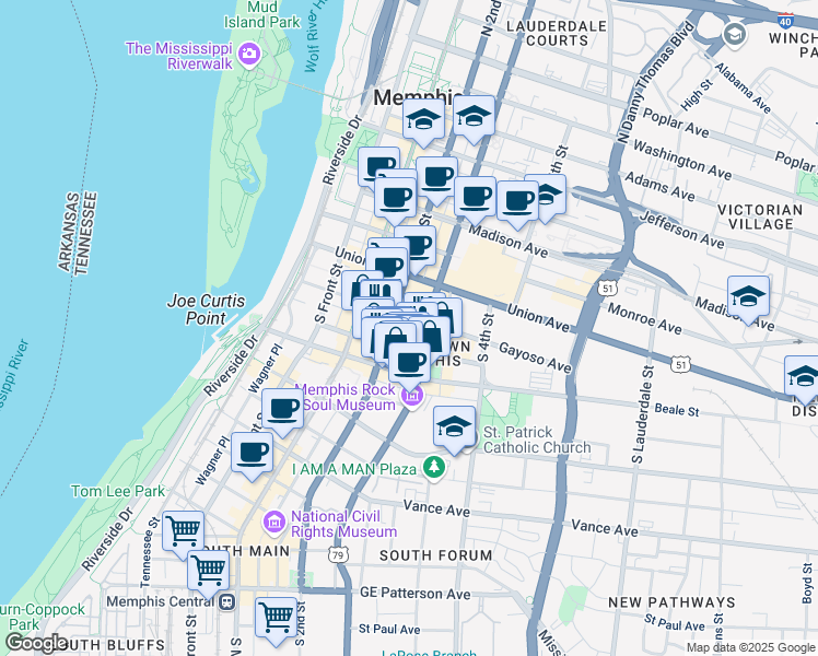 map of restaurants, bars, coffee shops, grocery stores, and more near 149 Peabody Place in Memphis