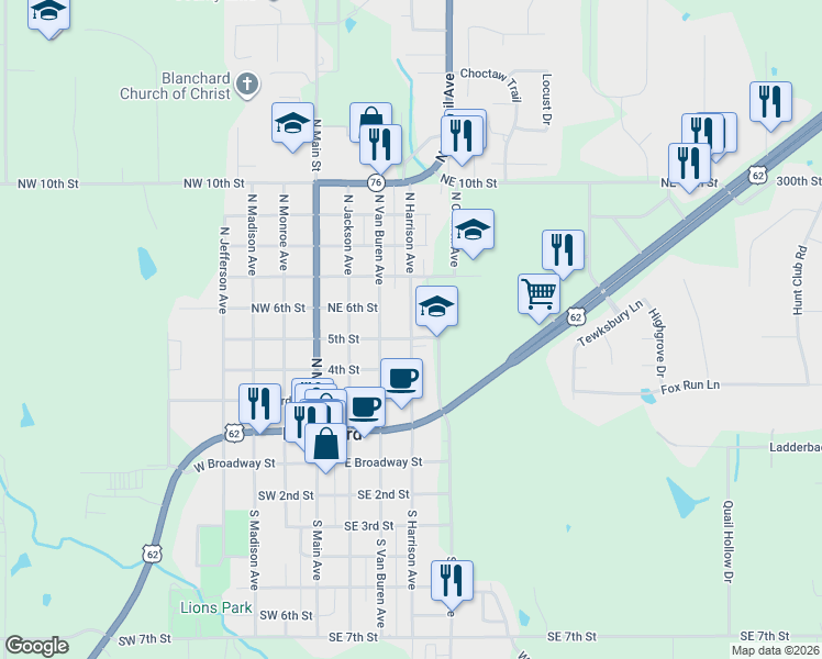 map of restaurants, bars, coffee shops, grocery stores, and more near 509 North Harrison Avenue in Blanchard