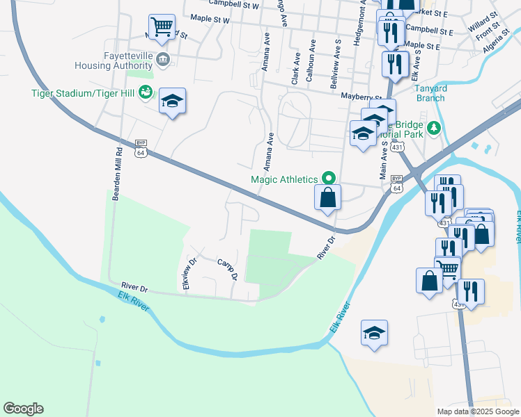 map of restaurants, bars, coffee shops, grocery stores, and more near 1815 Wilson Parkway in Fayetteville