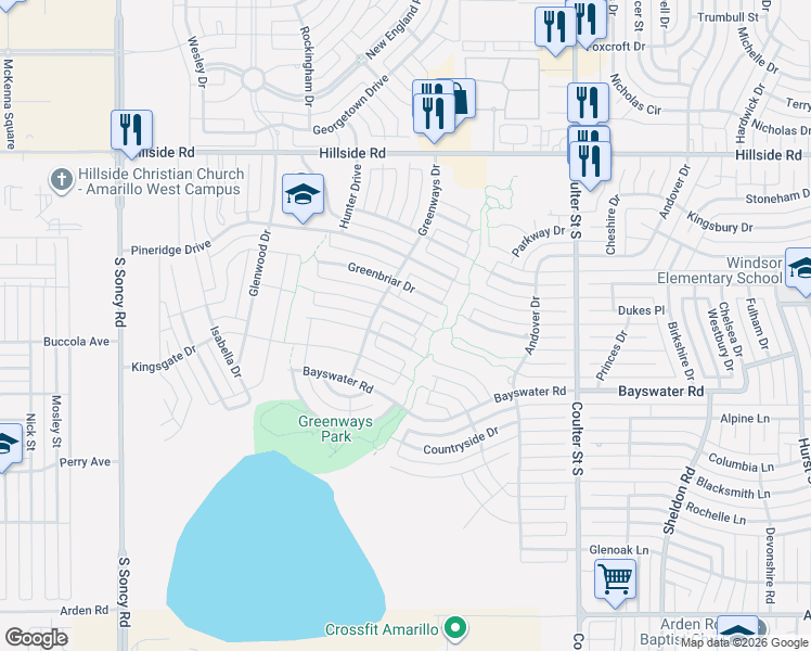 map of restaurants, bars, coffee shops, grocery stores, and more near 7801 Oakview Drive in Amarillo