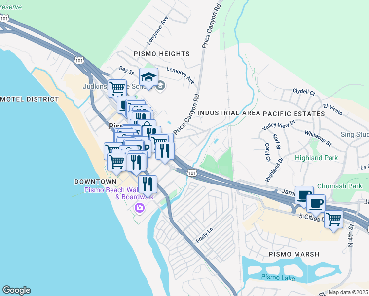 map of restaurants, bars, coffee shops, grocery stores, and more near 450 Ocean View Avenue in Pismo Beach