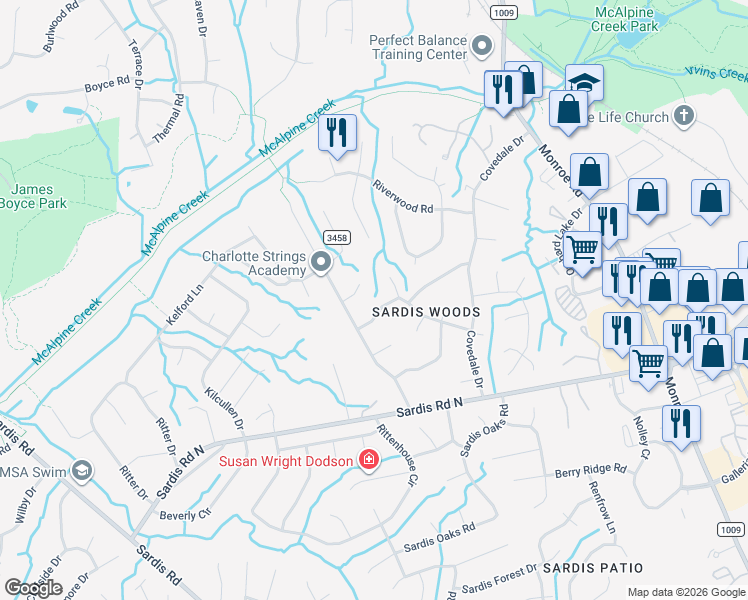 map of restaurants, bars, coffee shops, grocery stores, and more near 718 Falls Church Road in Charlotte