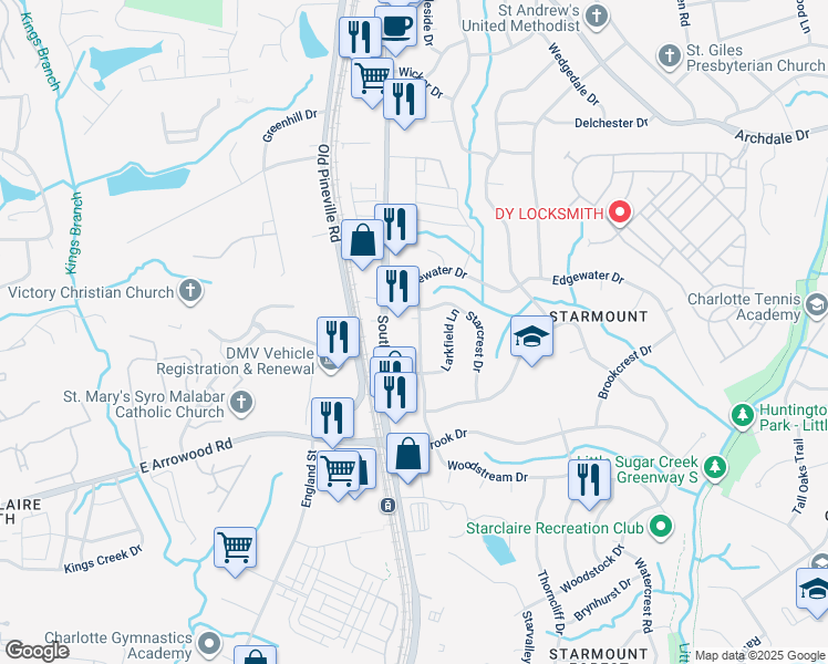 map of restaurants, bars, coffee shops, grocery stores, and more near 6742 Woodstream Drive in Charlotte