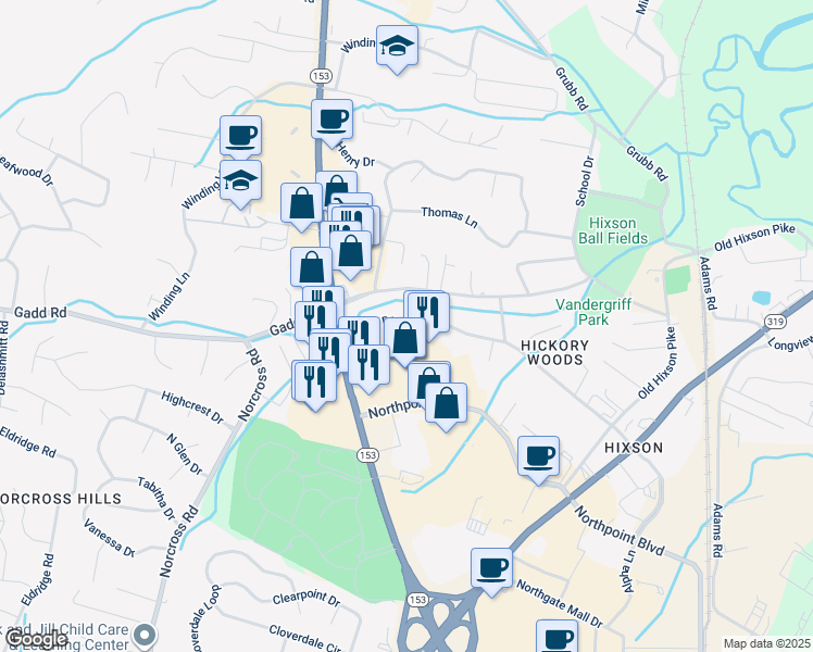 map of restaurants, bars, coffee shops, grocery stores, and more near 5450 Tennessee 153 in Chattanooga