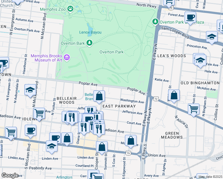 map of restaurants, bars, coffee shops, grocery stores, and more near 2180 Washington Avenue in Memphis