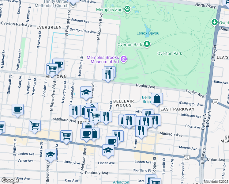 map of restaurants, bars, coffee shops, grocery stores, and more near 117 North Rembert Street in Memphis